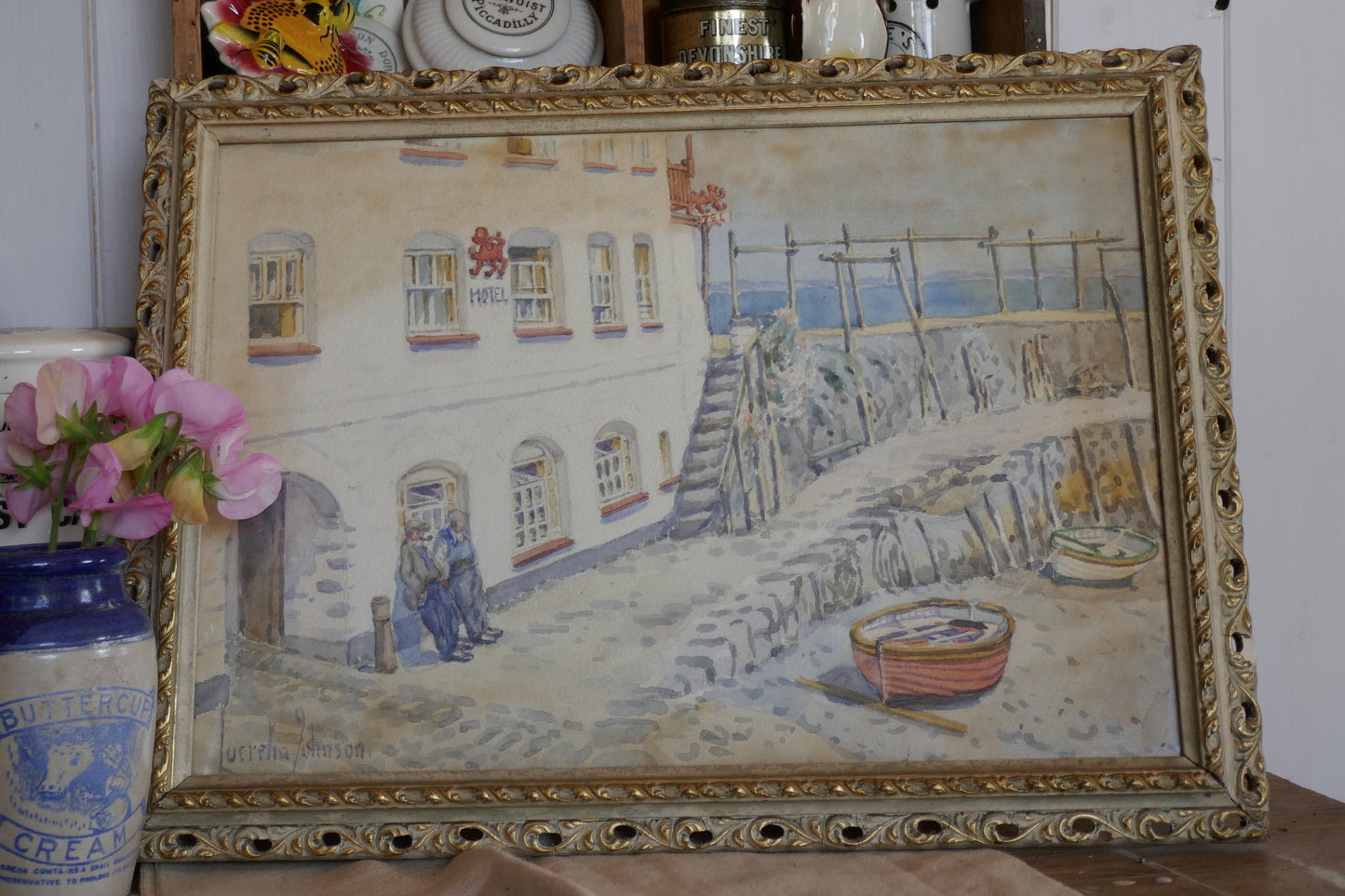 Vintage English Watercolour - Coastal Cottages Painting - Enlish Seaside watercolour - vintage painting - Sea painting - Devon Painting -
