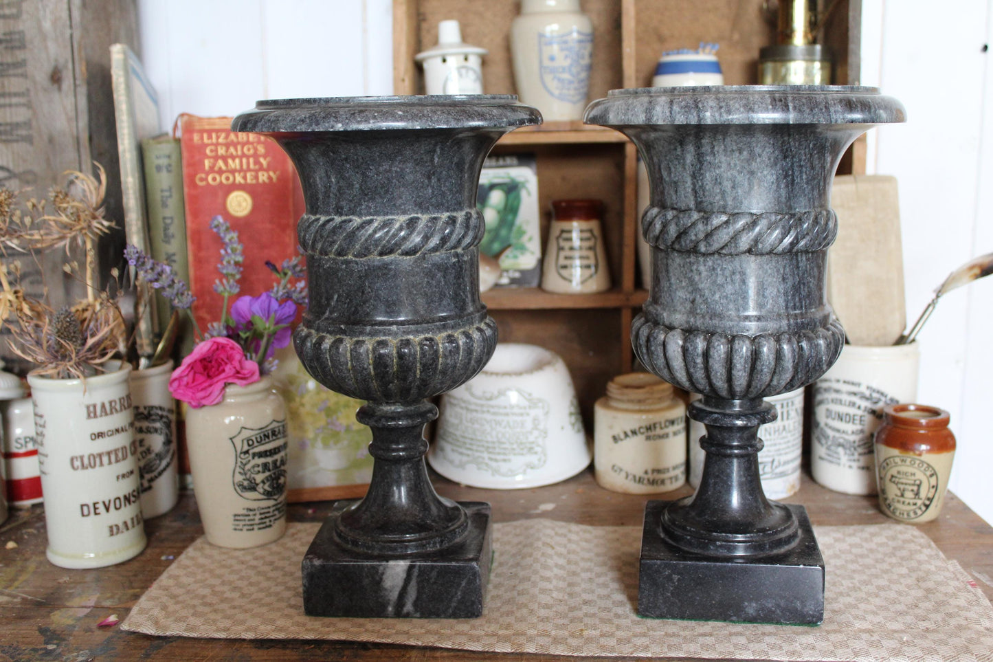 Pair of Marble Urns, Marble Planters, Marble Plant pots, Flower Bucket, Vintage Stone Garden Planter, Vintage Planters, Urns, French Urns