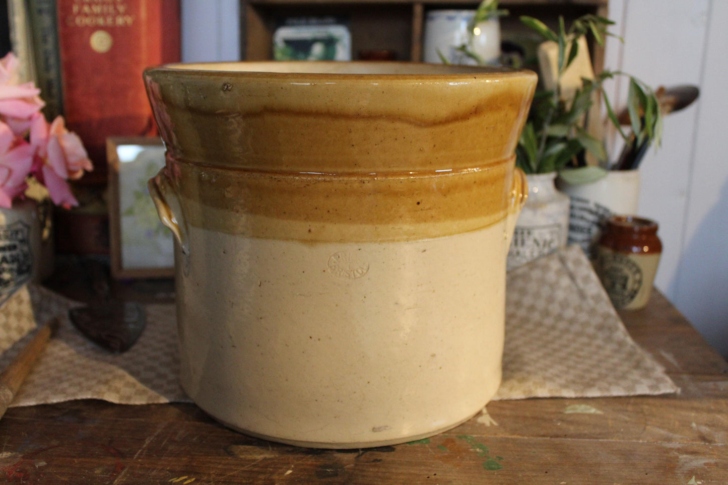 XL Vintage Stoneware Pot, Stone Pot, Vintage Stoneware Jar, Kitchen Jar, Confit Pot, Utensil Pot, Vintage Utensil Pot, Vintage jar, Confit