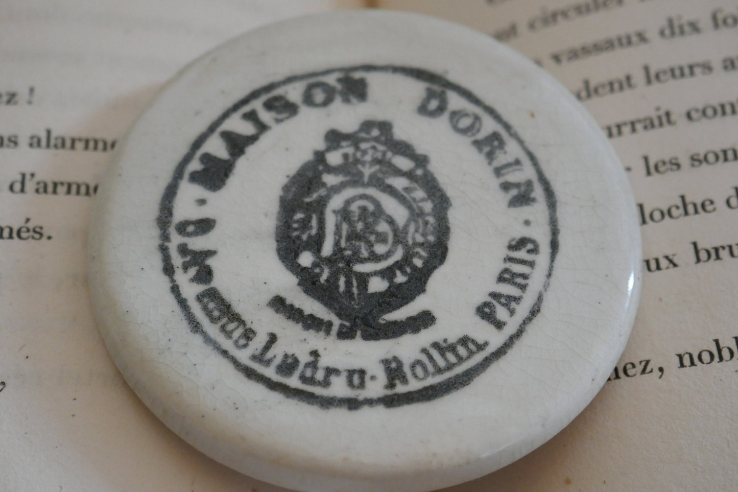 Antique Advertising Pot - Antique Maison Dorin Paris Transfer Printed Victorian Pot Lid - Circa 1890 - Antique Advertising - Farmhouse Decor