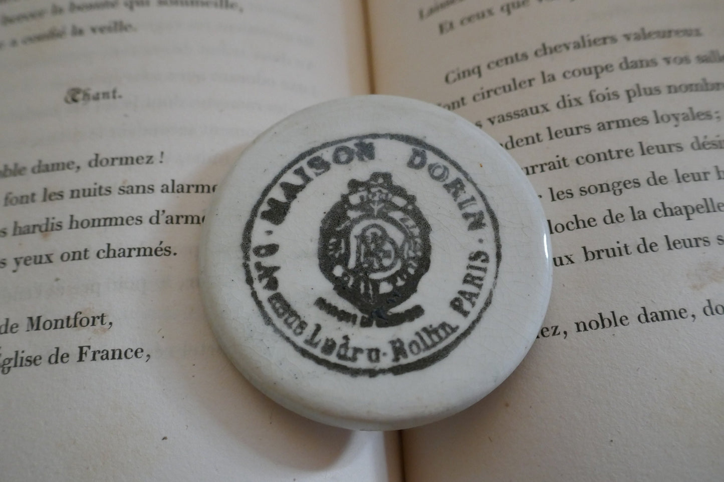 Antique Advertising Pot - Antique Maison Dorin Paris Transfer Printed Victorian Pot Lid - Circa 1890 - Antique Advertising - Farmhouse Decor