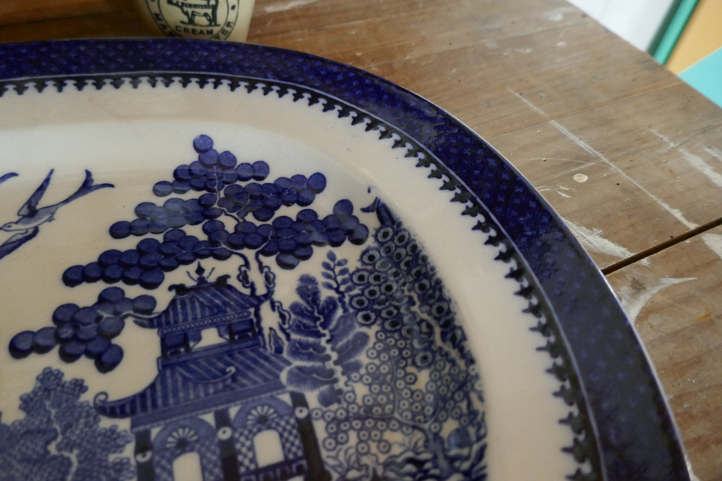 Antique Minton Ironstone English Blue and White - Antique Blue and White cake stand - blue and white English Ironstone - Old Willow Plate