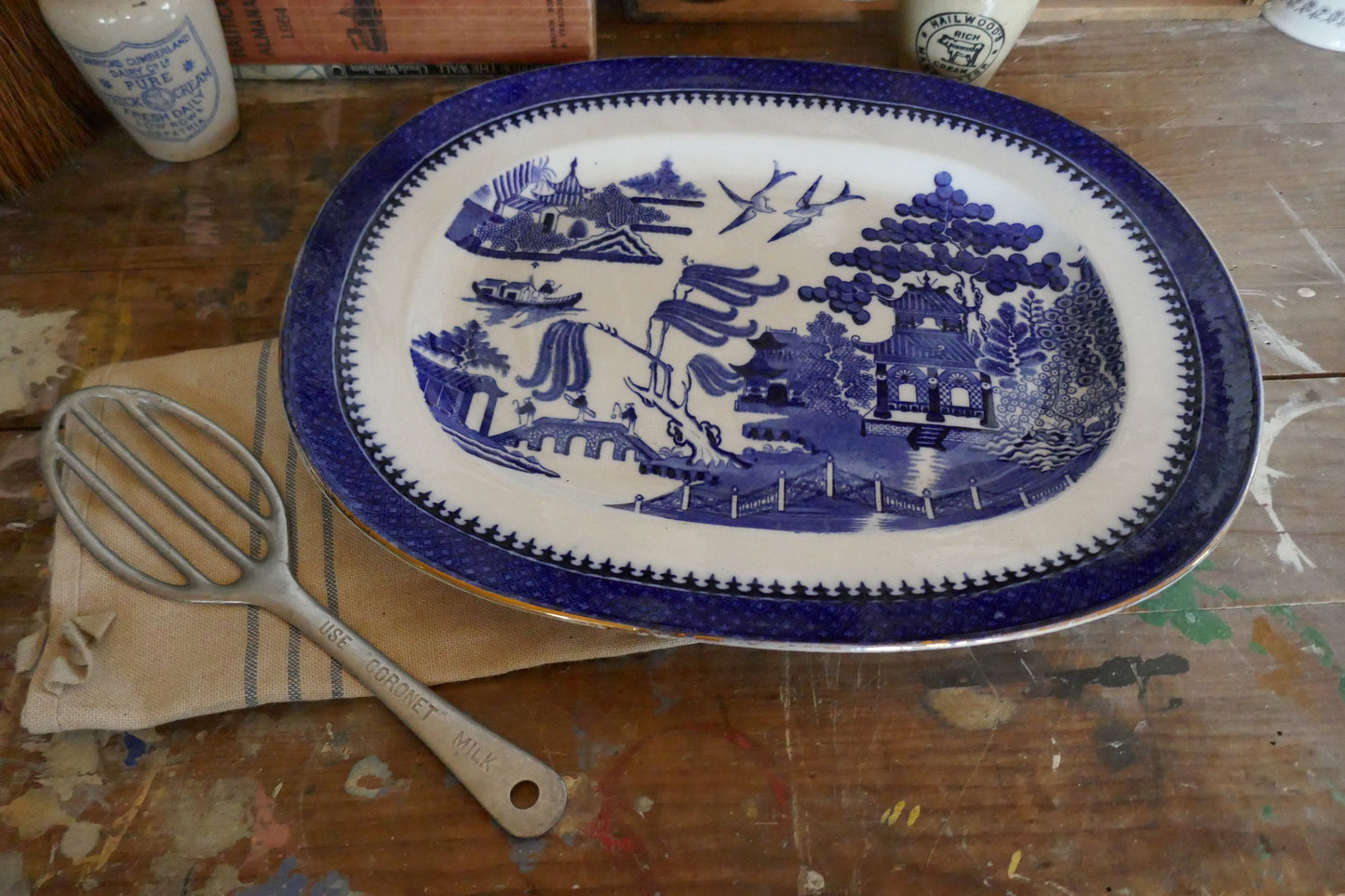 Antique Minton Ironstone English Blue and White - Antique Blue and White cake stand - blue and white English Ironstone - Old Willow Plate