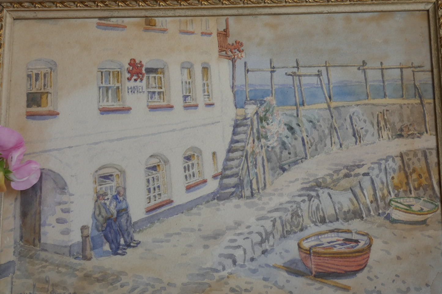 Vintage English Watercolour - Coastal Cottages Painting - Enlish Seaside watercolour - vintage painting - Sea painting - Devon Painting -