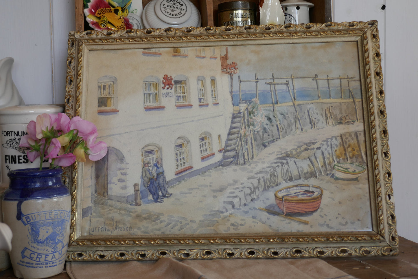 Vintage English Watercolour - Coastal Cottages Painting - Enlish Seaside watercolour - vintage painting - Sea painting - Devon Painting -