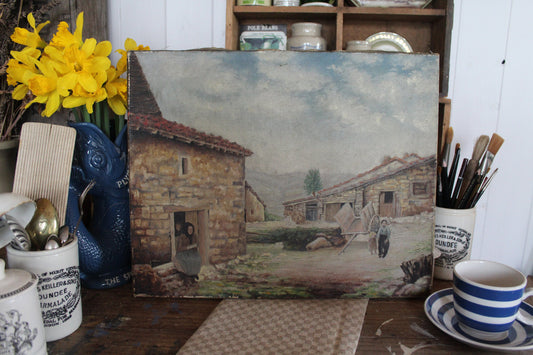 Vintage Oil Painting - French Country Scene - Oil Painting - French Oil Painting - Vintage Painting - Vintage wall decor Cottage Decor
