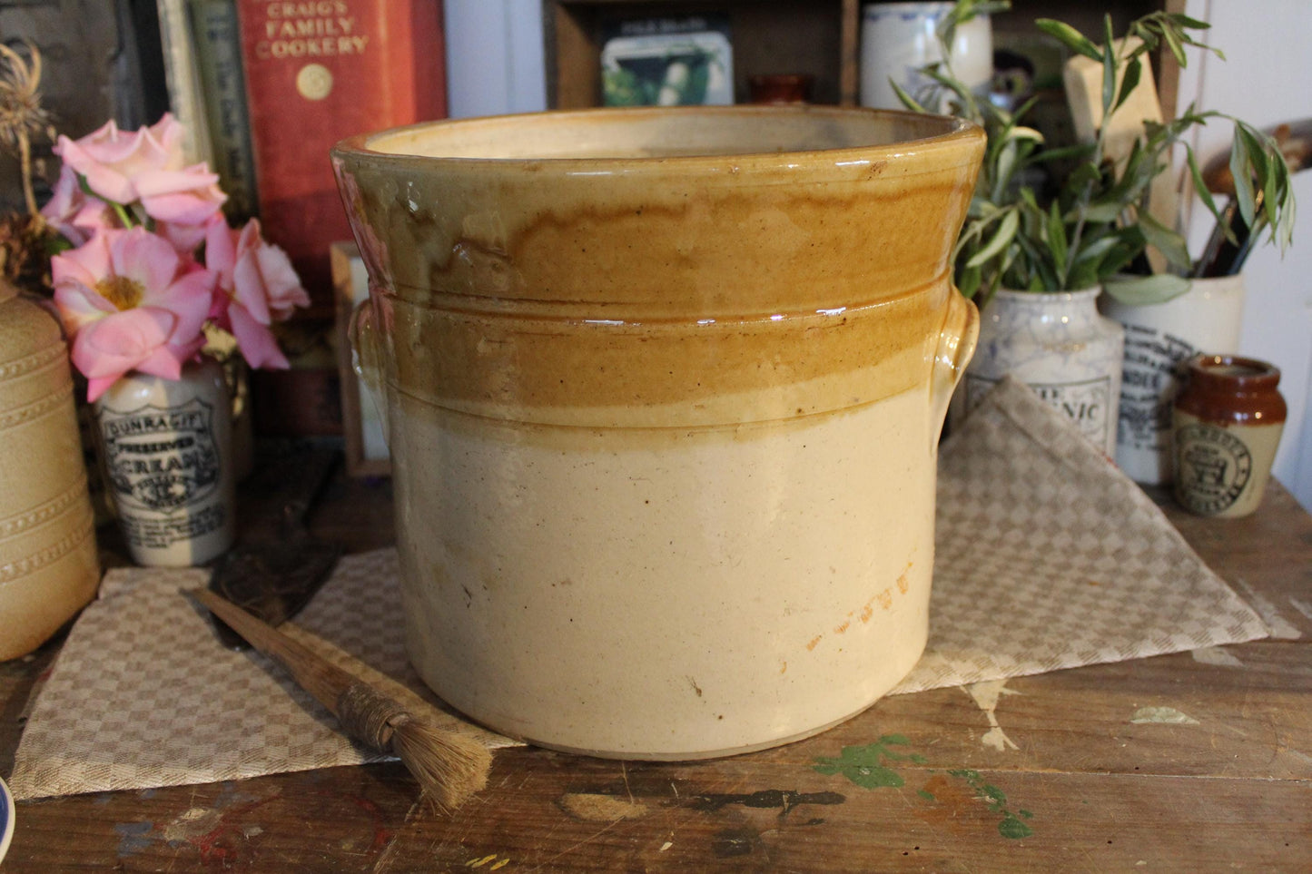 XL Vintage Stoneware Pot, Stone Pot, Vintage Stoneware Jar, Kitchen Jar, Confit Pot, Utensil Pot, Vintage Utensil Pot, Vintage jar, Confit