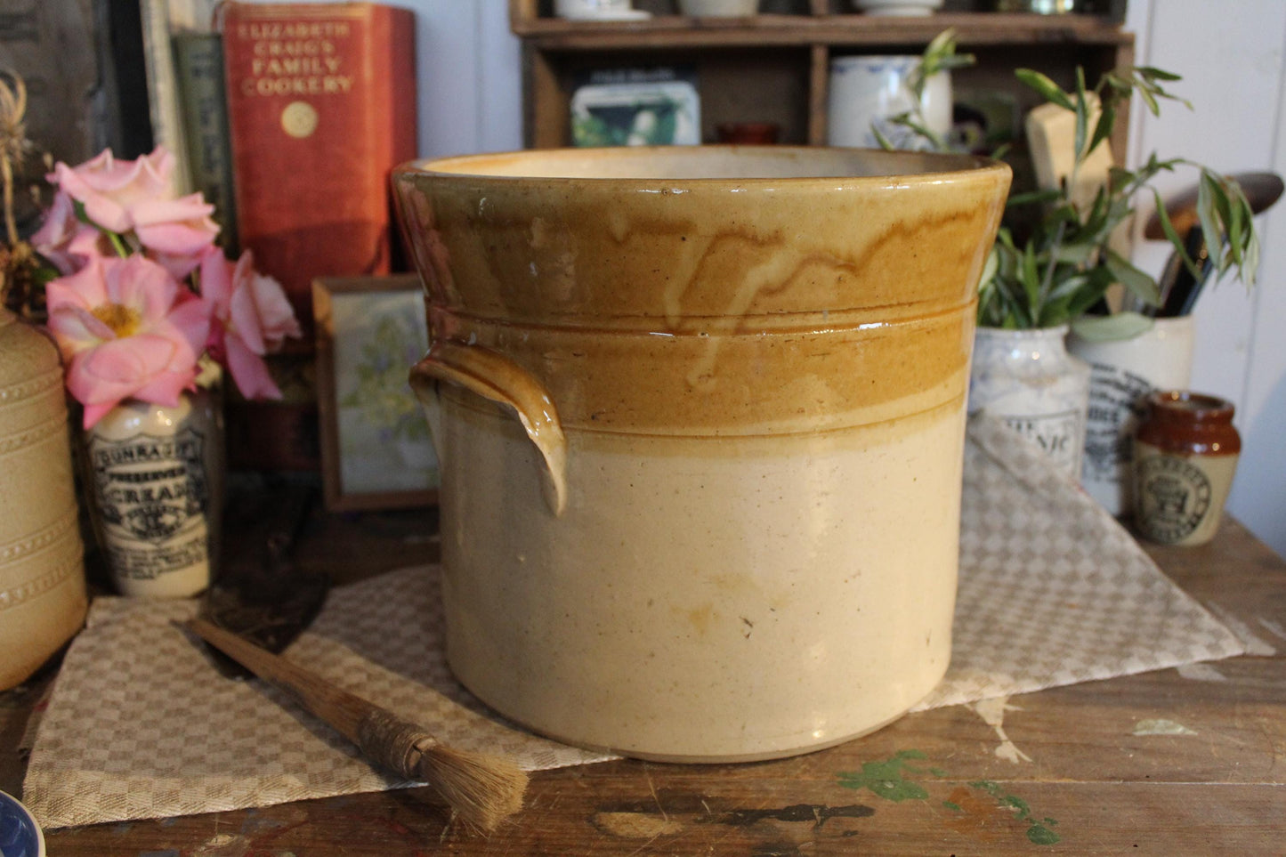 XL Vintage Stoneware Pot, Stone Pot, Vintage Stoneware Jar, Kitchen Jar, Confit Pot, Utensil Pot, Vintage Utensil Pot, Vintage jar, Confit